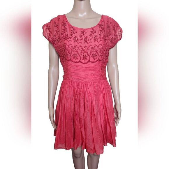 Free people women's red embroidered bodice ruched waist mini fit & flare dress 6 - Picture 10 of 10